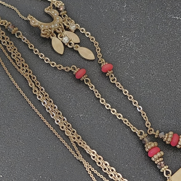 Boho Double Strand and Pendant Chain Necklace with Orange Fringe - Picture 6 of 7